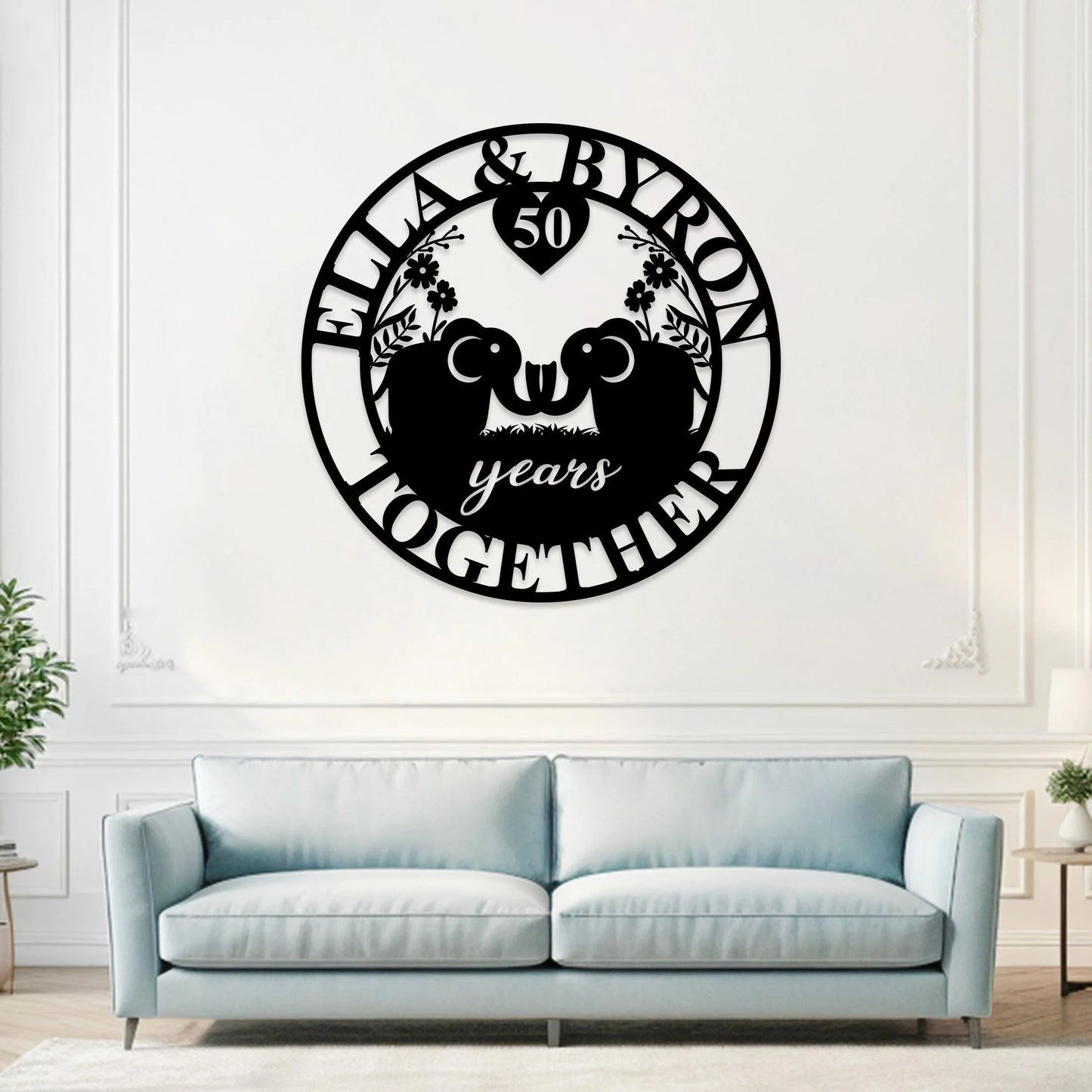 Custom Anniversary Metal Sign, 50th Anniversary Gift, Elephants Metal Wall Art, 10th Wedding Anniversary Sign, Personalized Family Name Sign