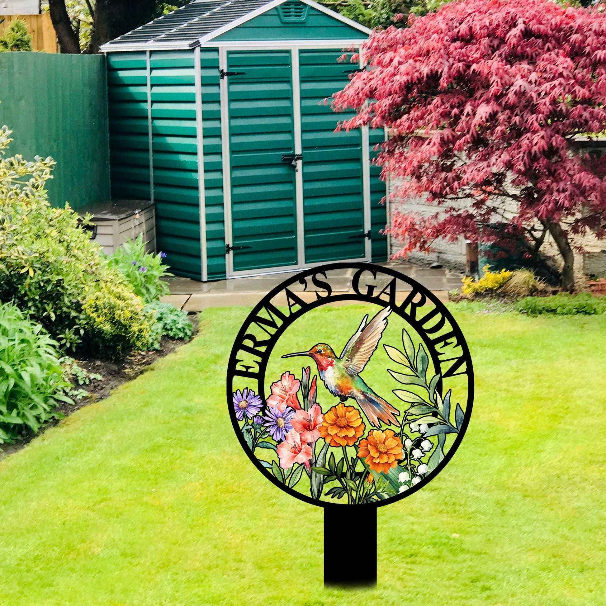 Custom Hummingbird Garden Sign with Flowers,Garden Metal Stake with Bird,Personalized Garden Decor,Hummingbird Yard Sign,Gardener Name Sign