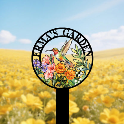 Custom Hummingbird Garden Sign with Flowers,Garden Metal Stake with Bird,Personalized Garden Decor,Hummingbird Yard Sign,Gardener Name Sign