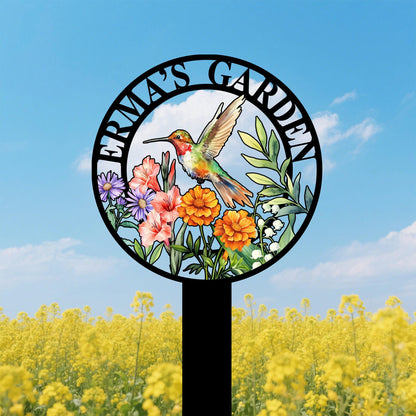 Custom Hummingbird Garden Sign with Flowers,Garden Metal Stake with Bird,Personalized Garden Decor,Hummingbird Yard Sign,Gardener Name Sign