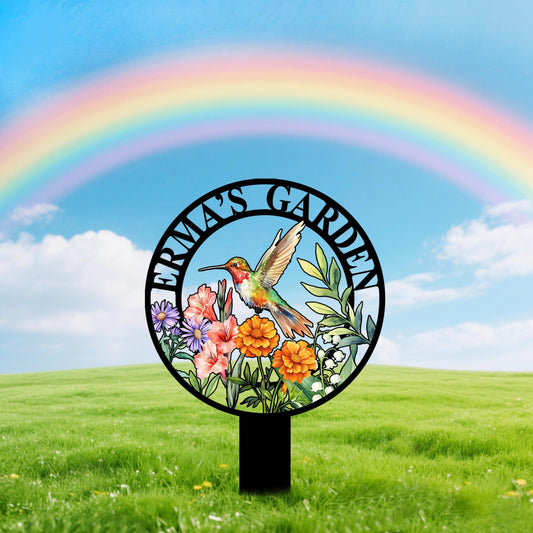 Custom Hummingbird Garden Sign with Flowers,Garden Metal Stake with Bird,Personalized Garden Decor,Hummingbird Yard Sign,Gardener Name Sign