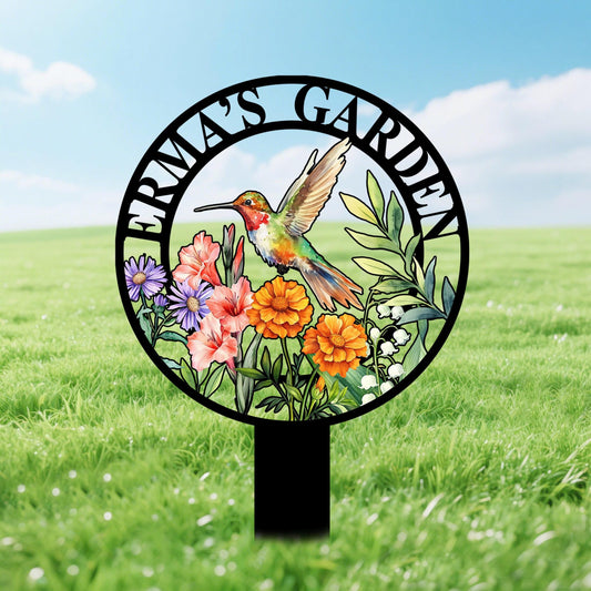 Custom Hummingbird Garden Sign with Flowers,Garden Metal Stake with Bird,Personalized Garden Decor,Hummingbird Yard Sign,Gardener Name Sign