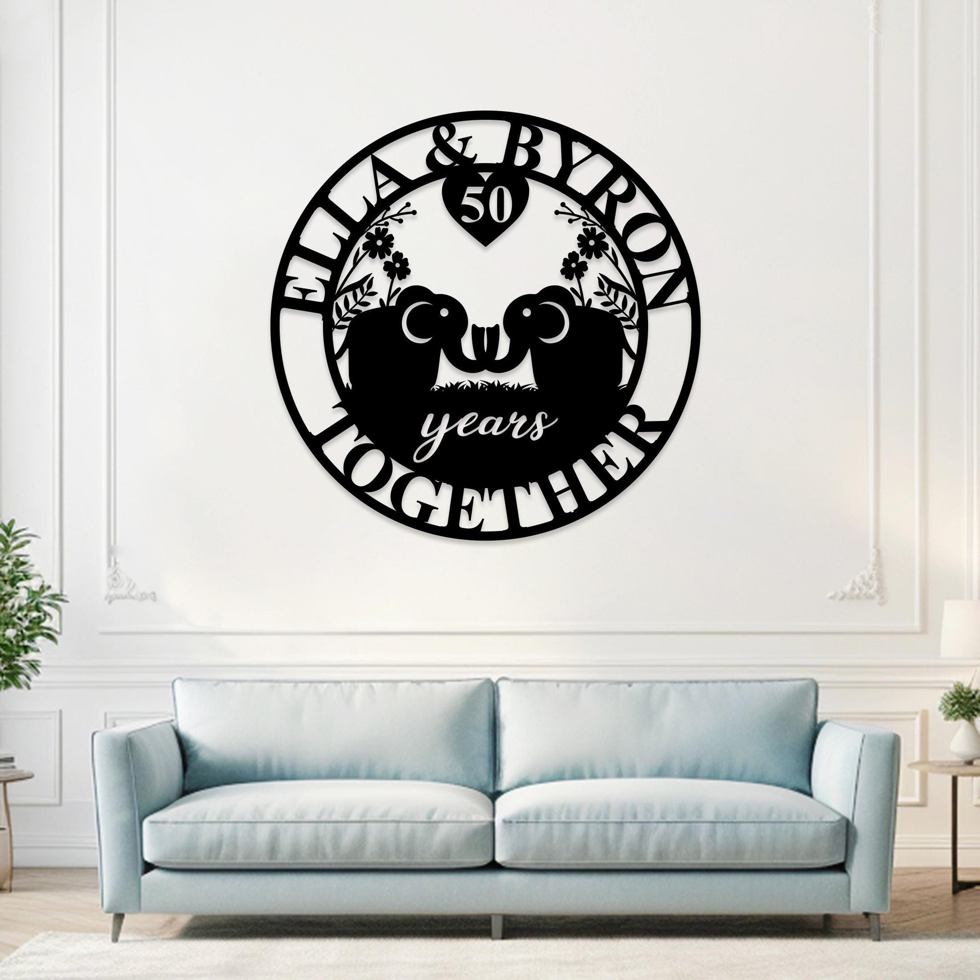 Custom Anniversary Metal Sign, 50th Anniversary Gift, Elephants Metal Wall Art, 10th Wedding Anniversary Sign, Personalized Family Name Sign