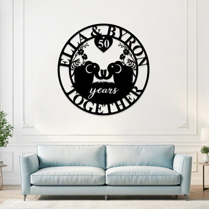 Custom Anniversary Metal Sign, 50th Anniversary Gift, Elephants Metal Wall Art, 10th Wedding Anniversary Sign, Personalized Family Name Sign