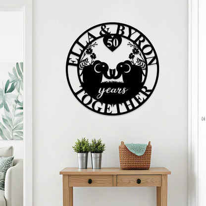 Custom Anniversary Metal Sign, 50th Anniversary Gift, Elephants Metal Wall Art, 10th Wedding Anniversary Sign, Personalized Family Name Sign