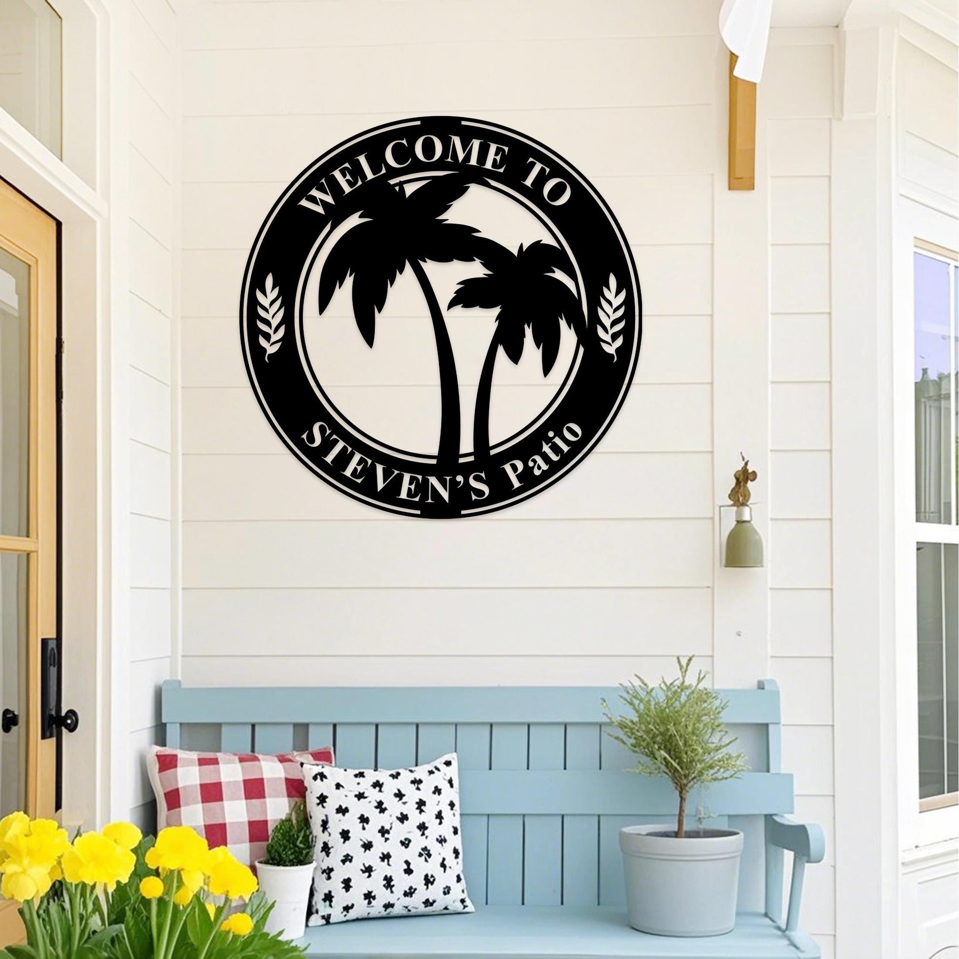 Custom Palm Tree Metal Sign,Palm Tree Pool Sign,Tropical Name Sign,Palm Tree Wall Art,Tropical Patio Decor,Front Porch Sign,Lake House Sign