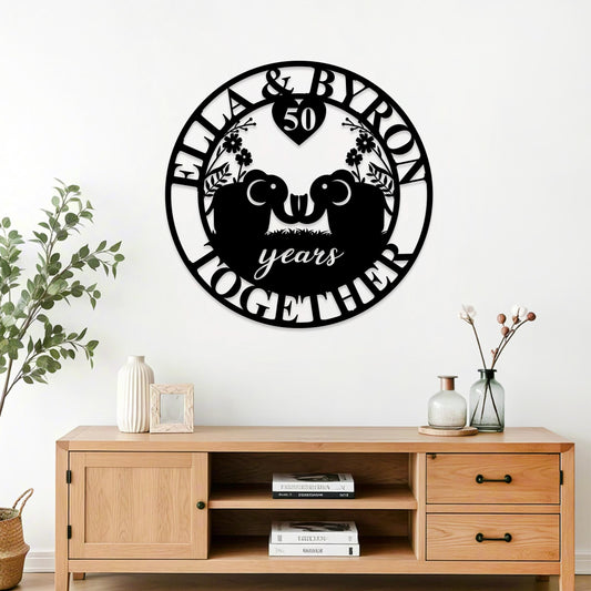 Custom Anniversary Metal Sign, 50th Anniversary Gift, Elephants Metal Wall Art, 10th Wedding Anniversary Sign, Personalized Family Name Sign