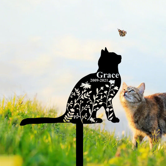 Custom Domestic Cat Memorial Stake,Personalized Cat Grave Maker,Cat Garden Stake with Flowers,Cat Yard Decor,Cat Sympathy Sign,Loss of Cat