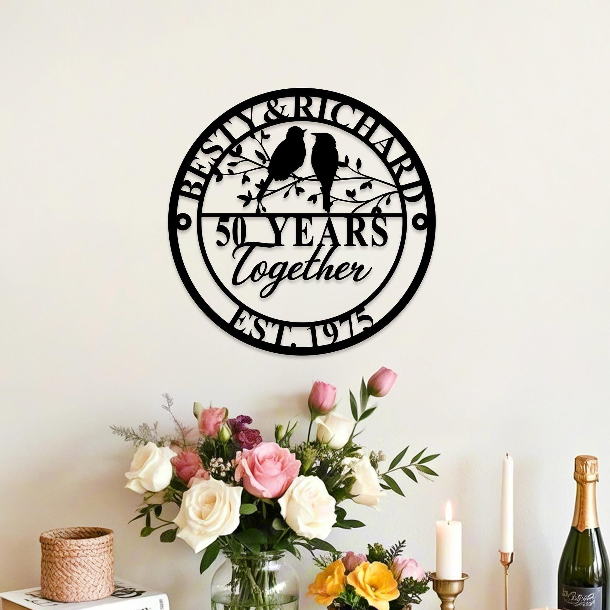 Custom 50th Anniversary Lovebirds Metal Sign,Personalized 40 Years Wedding Gift,25 Years Together,Family Name Sign,Wall Art Sign For Parents