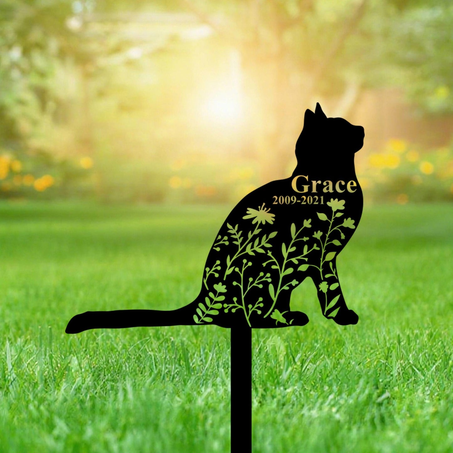 Custom Domestic Cat Memorial Stake,Personalized Cat Grave Maker,Cat Garden Stake with Flowers,Cat Yard Decor,Cat Sympathy Sign,Loss of Cat