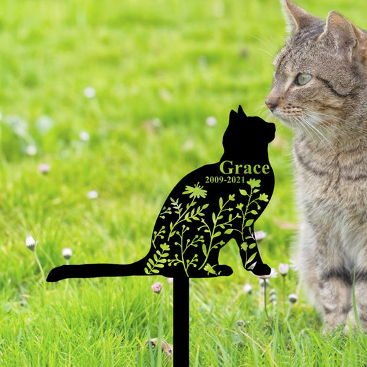 Custom Domestic Cat Memorial Stake,Personalized Cat Grave Maker,Cat Garden Stake with Flowers,Cat Yard Decor,Cat Sympathy Sign,Loss of Cat