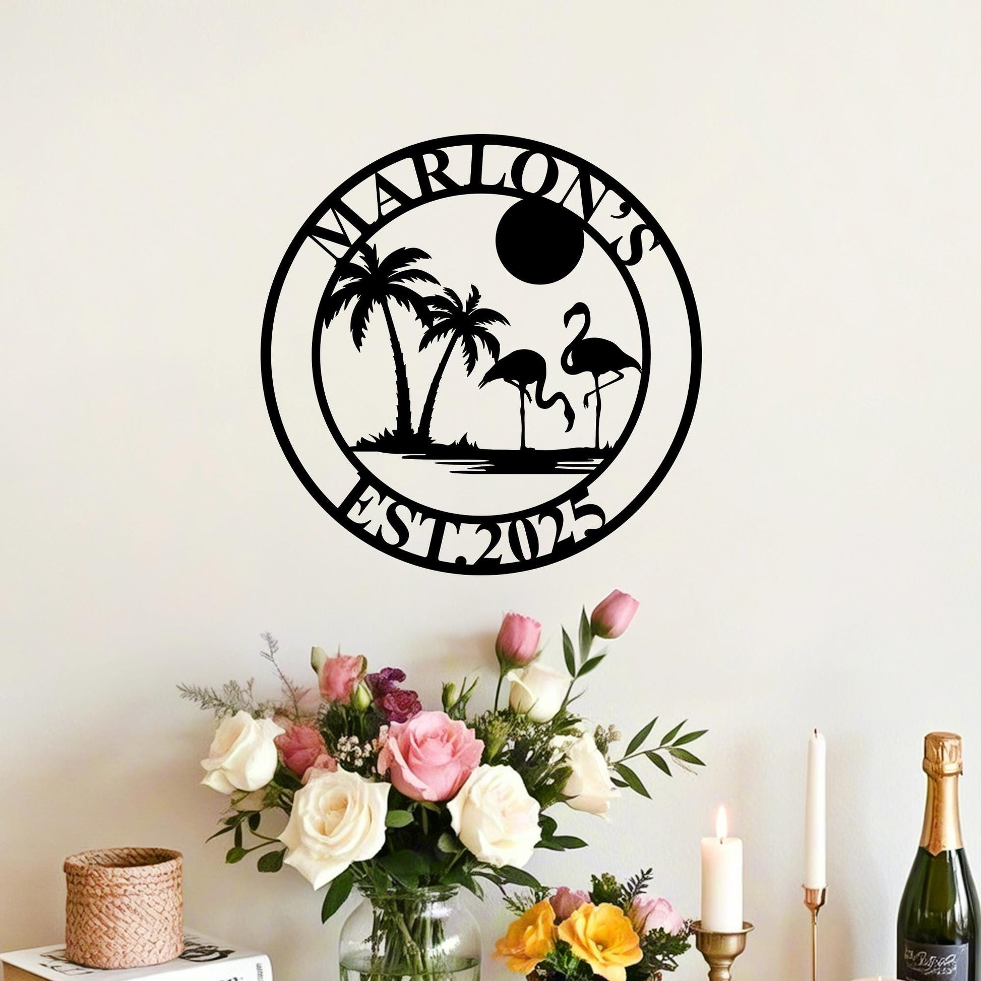 Personalized Palm Tree Metal Sign,Flamingo Metal Sign,Custom Beachy Decor,Beach House Sign,Palm Tree Sign,Family Name Sign,Lake House Sign