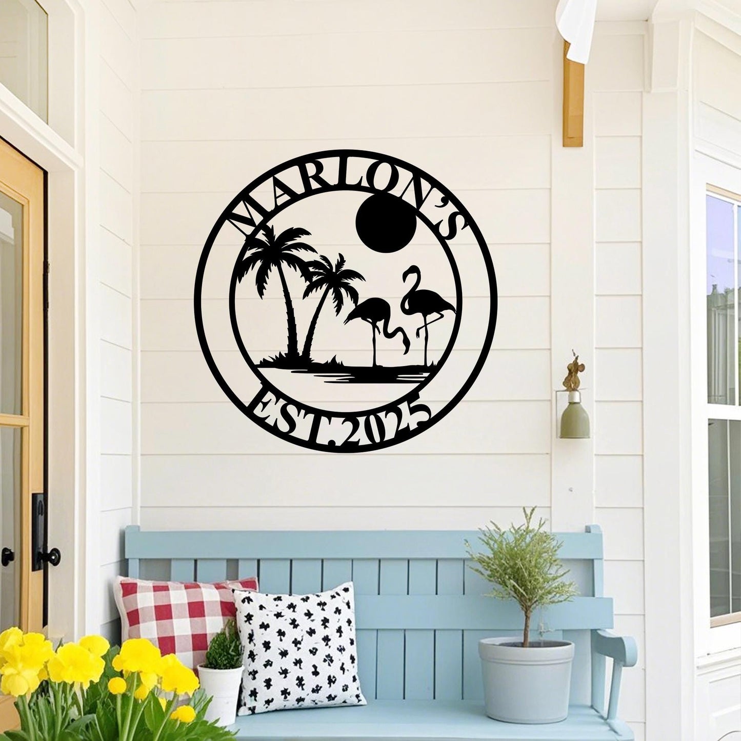 Personalized Palm Tree Metal Sign,Flamingo Metal Sign,Custom Beachy Decor,Beach House Sign,Palm Tree Sign,Family Name Sign,Lake House Sign