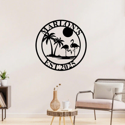 Personalized Palm Tree Metal Sign,Flamingo Metal Sign,Custom Beachy Decor,Beach House Sign,Palm Tree Sign,Family Name Sign,Lake House Sign